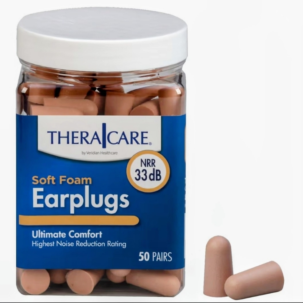 TheraCare Soft Foam Earplugs 33dB Noise Reduction 50 Pair Per Jar